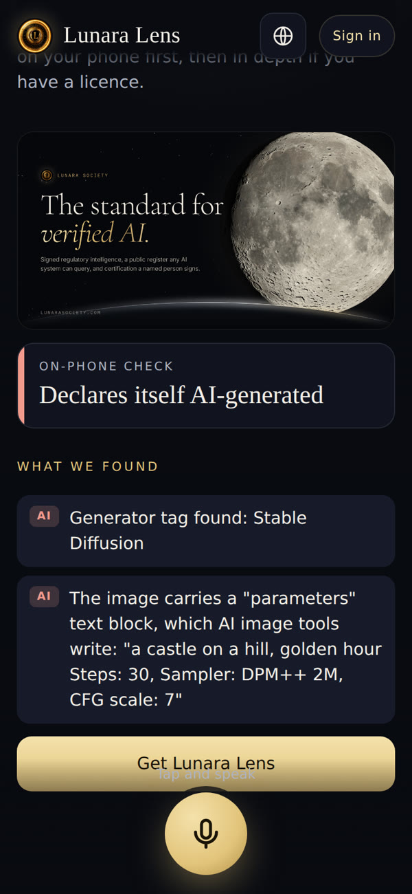 Lunara Lens showing a photo whose file declares it was made by Stable Diffusion